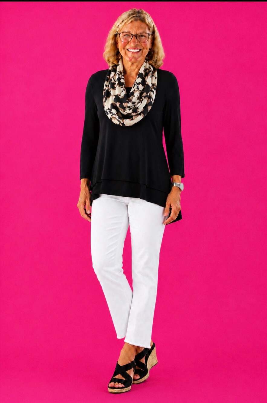 Kenar Women's Black Long Sleeve Layered Hem Tunic Top & J Jill scarf